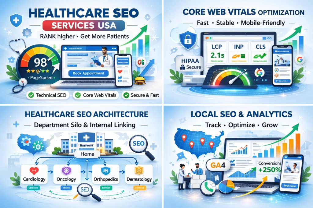 Healthcare SEO architecture for multi specialty clinics in USA with department silo structure and internal linking