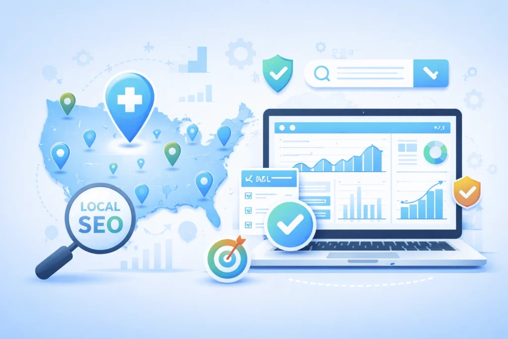 Healthcare local SEO and GA4 analytics tracking dashboard for USA hospitals and clinics