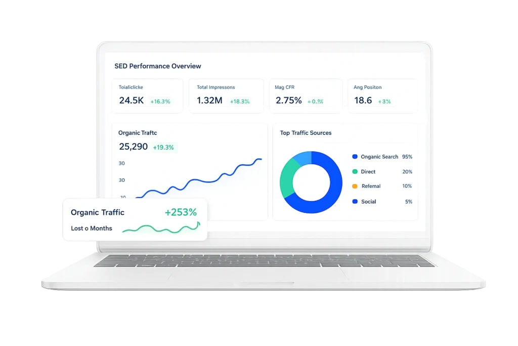 SEO performance dashboard showing traffic growth and analytics