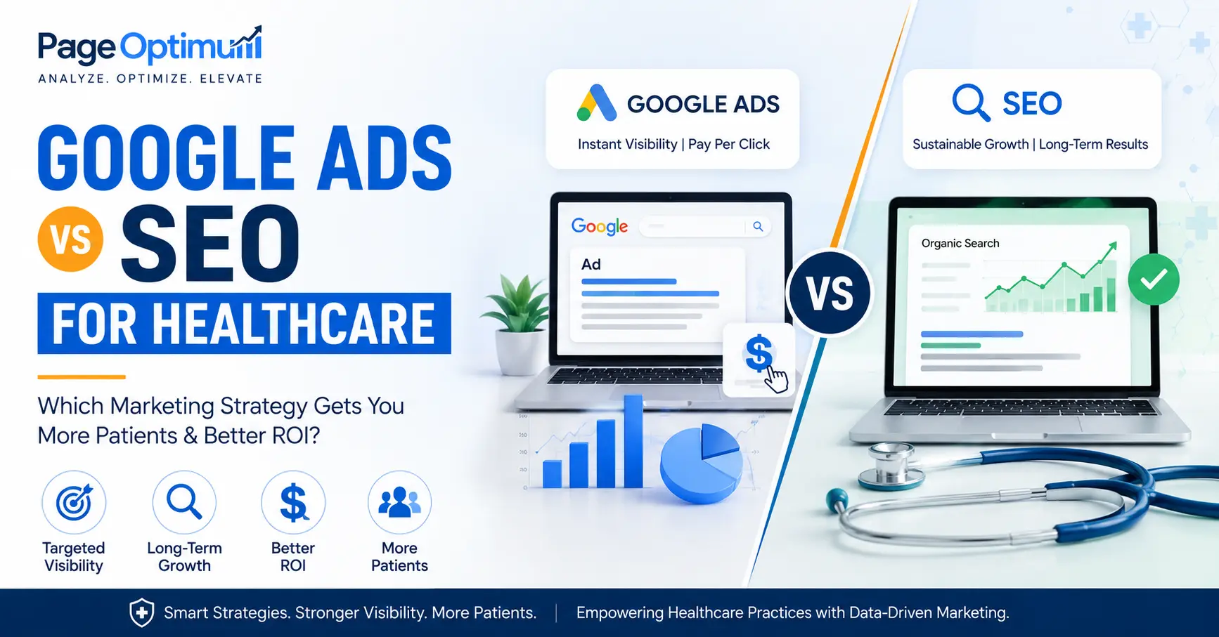 Google Ads vs SEO for healthcare clinics comparison showing patient acquisition, ROI, and healthcare digital marketing strategies